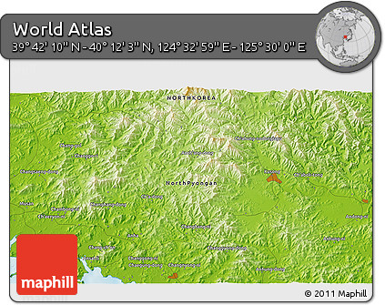 Physical 3D Map of the Area around 39° 57' 6" N, 125° 1' 30" E