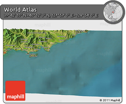 Satellite 3D Map of the Area around 39° 57' 6" N, 128° 25' 30" E