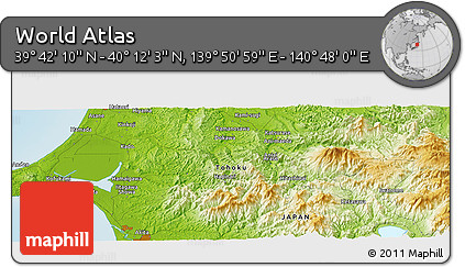 Physical Panoramic Map of the Area around 39° 57' 6" N, 140° 19' 29" E