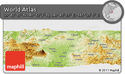 Physical Panoramic Map of the Area around 39° 57' 6" N, 141° 10' 30" E
