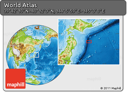 Physical Location Map of the Area around 39° 57' 6" N, 144° 34' 29" E