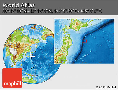 Physical Location Map of the Area around 39° 57' 6" N, 144° 34' 29" E