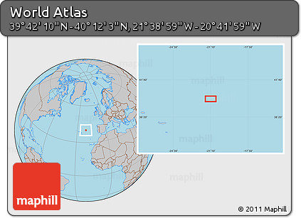 Gray Location Map of the Area around 39° 57' 6" N, 21° 10' 29" W