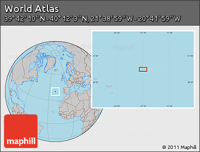 Gray Location Map of the Area around 39° 57' 6" N, 21° 10' 29" W