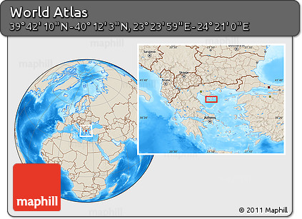 Shaded Relief Location Map of the Area around 39° 57' 6" N, 23° 52' 30" E