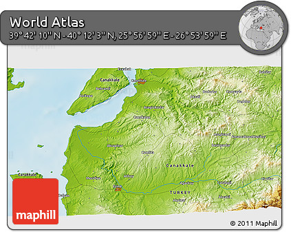 Physical 3D Map of the Area around 39° 57' 6" N, 26° 25' 29" E