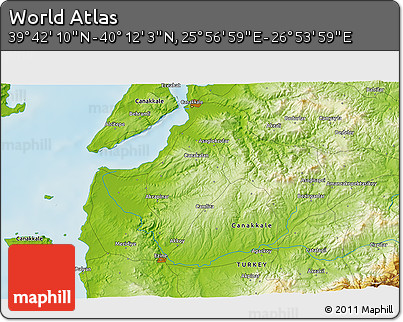 Physical 3D Map of the Area around 39° 57' 6" N, 26° 25' 29" E