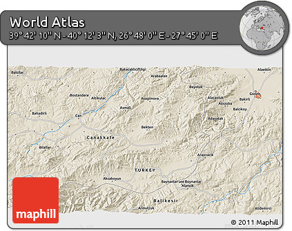 Shaded Relief 3D Map of the Area around 39° 57' 6" N, 27° 16' 29" E