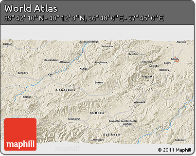 Shaded Relief 3D Map of the Area around 39° 57' 6" N, 27° 16' 29" E