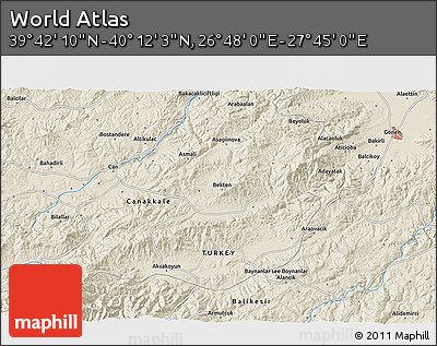 Shaded Relief 3D Map of the Area around 39° 57' 6" N, 27° 16' 29" E