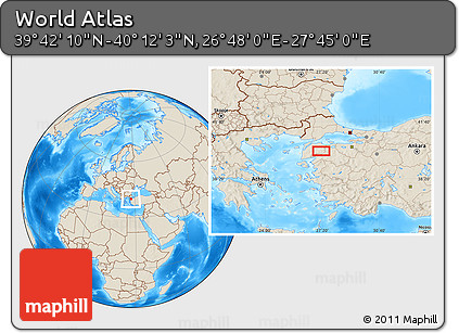 Shaded Relief Location Map of the Area around 39° 57' 6" N, 27° 16' 29" E