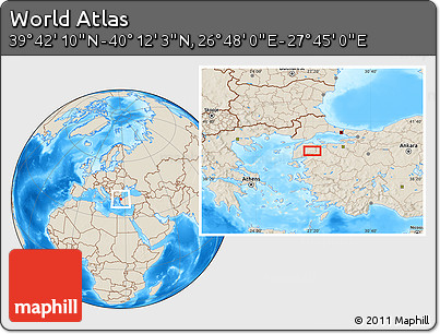 Shaded Relief Location Map of the Area around 39° 57' 6" N, 27° 16' 29" E