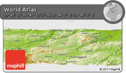 Physical Panoramic Map of the Area around 39° 57' 6" N, 27° 16' 29" E