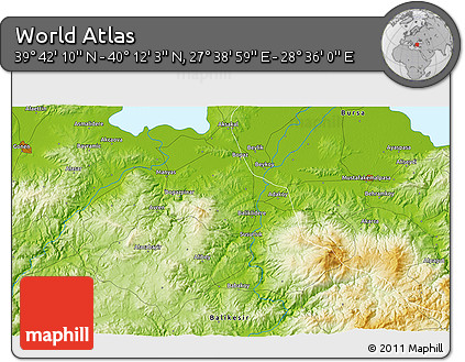 Physical 3D Map of the Area around 39° 57' 6" N, 28° 7' 30" E