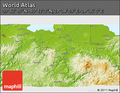 Physical 3D Map of the Area around 39° 57' 6" N, 28° 7' 30" E