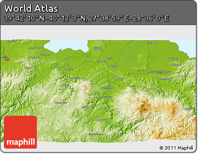 Physical 3D Map of the Area around 39° 57' 6" N, 28° 7' 30" E