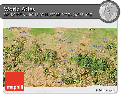 Satellite 3D Map of the Area around 39° 57' 6" N, 28° 7' 30" E