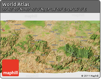 Satellite 3D Map of the Area around 39° 57' 6" N, 28° 7' 30" E