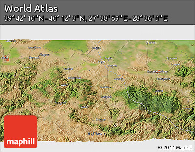 Satellite 3D Map of the Area around 39° 57' 6" N, 28° 7' 30" E