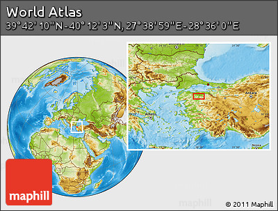 Physical Location Map of the Area around 39° 57' 6" N, 28° 7' 30" E