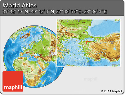 Physical Location Map of the Area around 39° 57' 6" N, 28° 7' 30" E