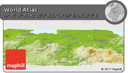 Physical Panoramic Map of the Area around 39° 57' 6" N, 28° 7' 30" E