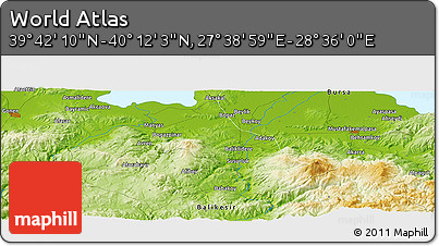 Physical Panoramic Map of the Area around 39° 57' 6" N, 28° 7' 30" E