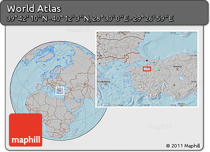 Gray Location Map of the Area around 39° 57' 6" N, 28° 58' 30" E, hill shading