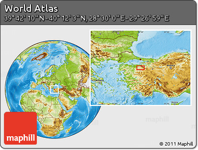 Physical Location Map of the Area around 39° 57' 6" N, 28° 58' 30" E