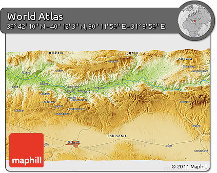 Physical 3D Map of the Area around 39° 57' 6" N, 30° 40' 29" E