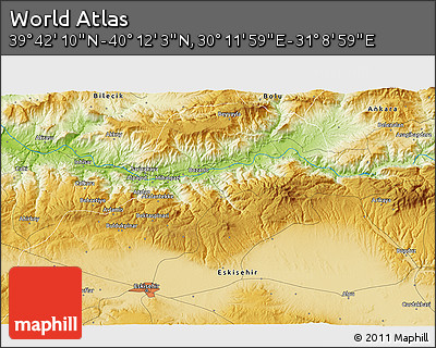 Physical 3D Map of the Area around 39° 57' 6" N, 30° 40' 29" E