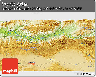 Physical 3D Map of the Area around 39° 57' 6" N, 30° 40' 29" E