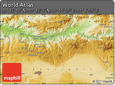 Physical Map of the Area around 39° 57' 6" N, 30° 40' 29" E