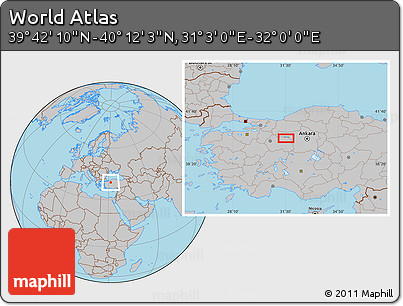 Gray Location Map of the Area around 39° 57' 6" N, 31° 31' 29" E