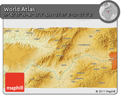 Physical 3D Map of the Area around 39° 57' 6" N, 32° 22' 30" E