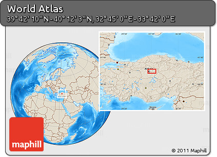 Shaded Relief Location Map of the Area around 39° 57' 6" N, 33° 13' 30" E