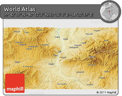 Physical 3D Map of the Area around 39° 57' 6" N, 34° 4' 30" E