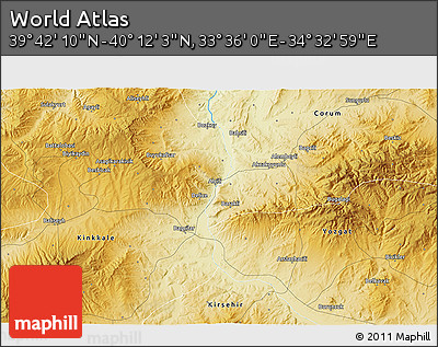 Physical 3D Map of the Area around 39° 57' 6" N, 34° 4' 30" E