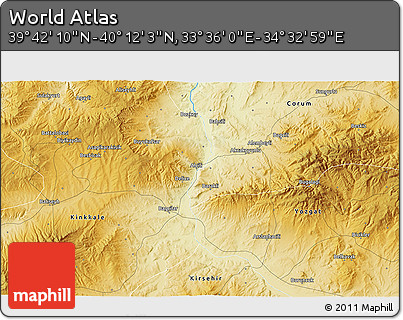 Physical 3D Map of the Area around 39° 57' 6" N, 34° 4' 30" E