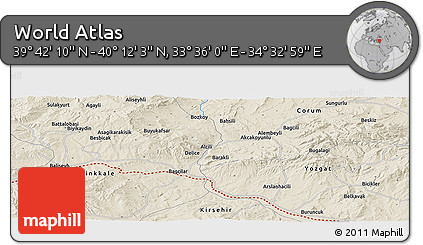 Shaded Relief Panoramic Map of the Area around 39° 57' 6" N, 34° 4' 30" E