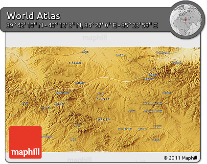 Physical 3D Map of the Area around 39° 57' 6" N, 34° 55' 29" E