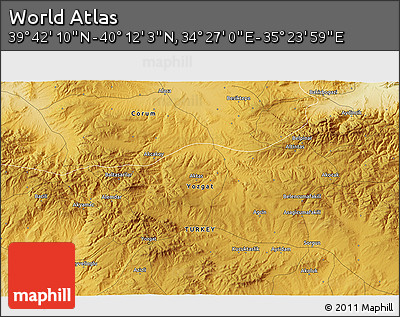 Physical 3D Map of the Area around 39° 57' 6" N, 34° 55' 29" E