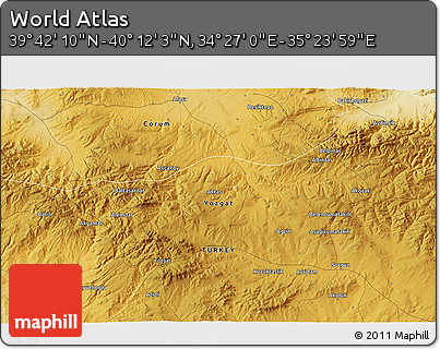 Physical 3D Map of the Area around 39° 57' 6" N, 34° 55' 29" E