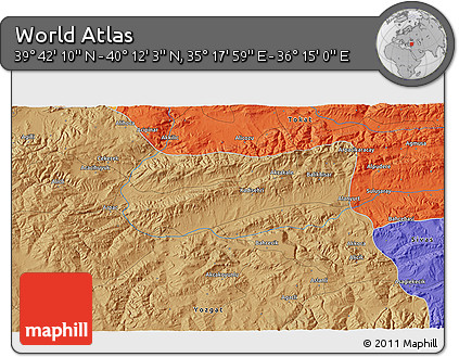 Political 3D Map of the Area around 39° 57' 6" N, 35° 46' 29" E