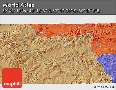 Political 3D Map of the Area around 39° 57' 6" N, 35° 46' 29" E