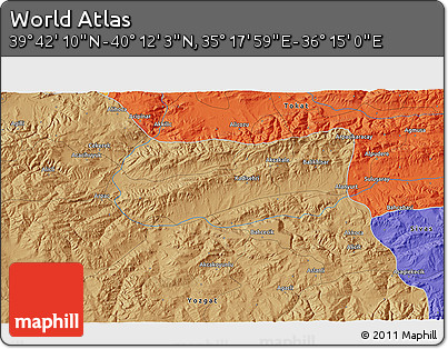 Political 3D Map of the Area around 39° 57' 6" N, 35° 46' 29" E
