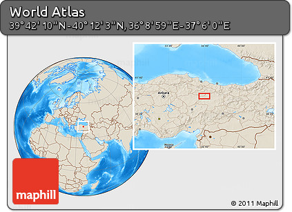 Shaded Relief Location Map of the Area around 39° 57' 6" N, 36° 37' 30" E