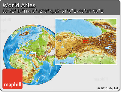 Physical Location Map of the Area around 39° 57' 6" N, 38° 19' 30" E