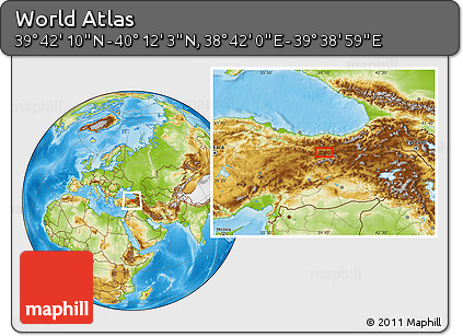 Physical Location Map of the Area around 39° 57' 6" N, 39° 10' 29" E