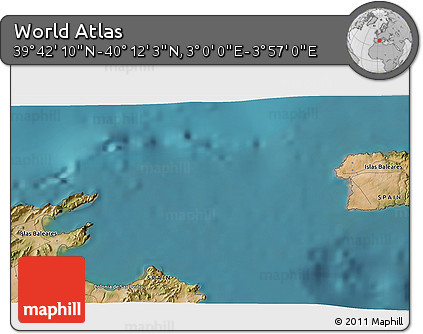 Satellite 3D Map of the Area around 39° 57' 6" N, 3° 28' 30" E